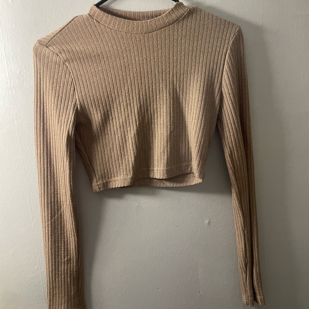 Ribbed Tan Long Sleeve Crop Top